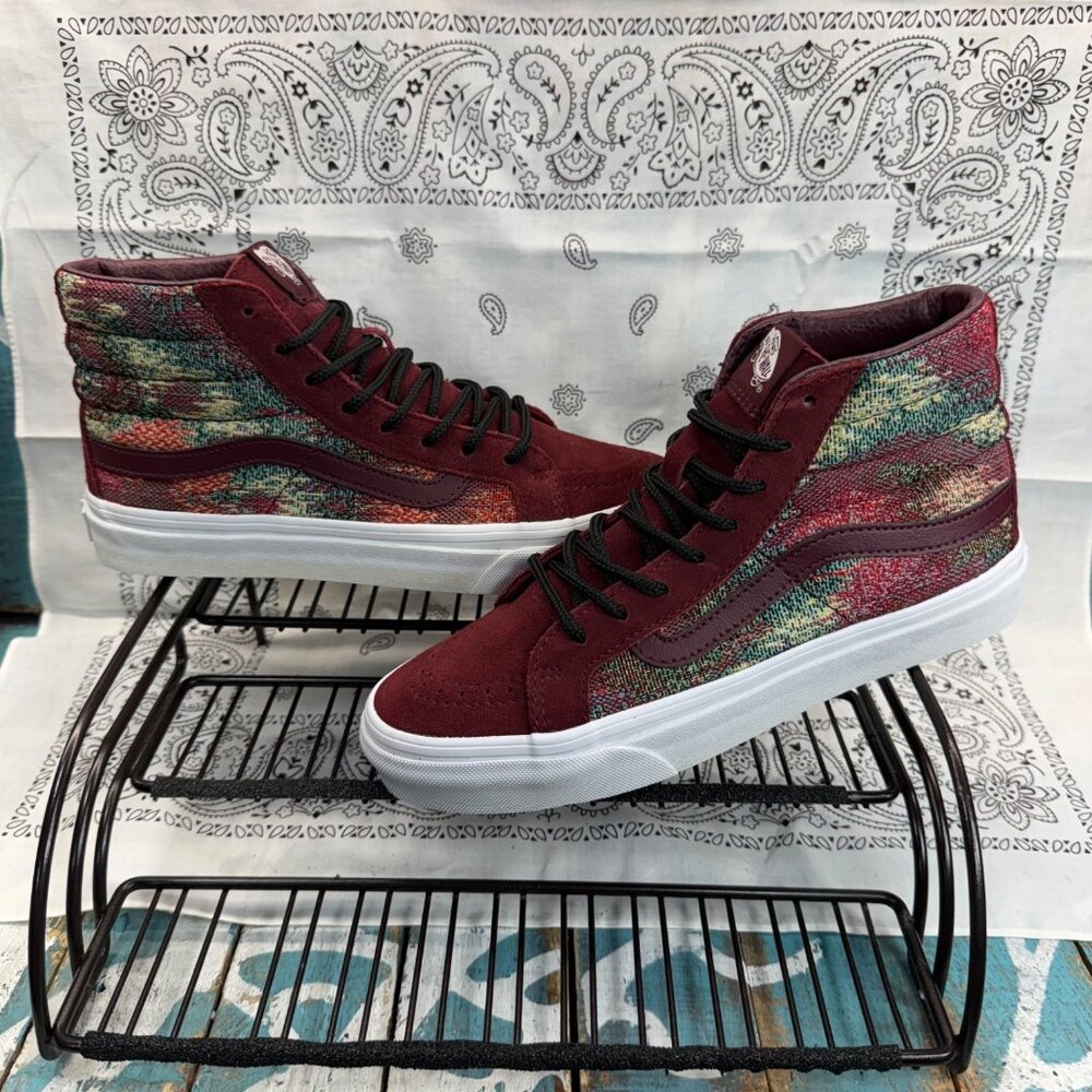 Vans Burgundy High Top Sneakers with Multicolor Knit Panels
